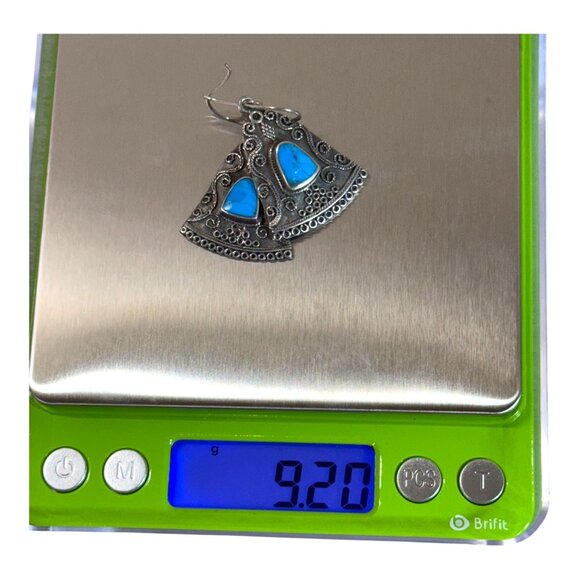 Vtg Sterling Silver .925 Dangle Earrings Turquoise Stone Southwest Swirl Ornate - Picture 7 of 7